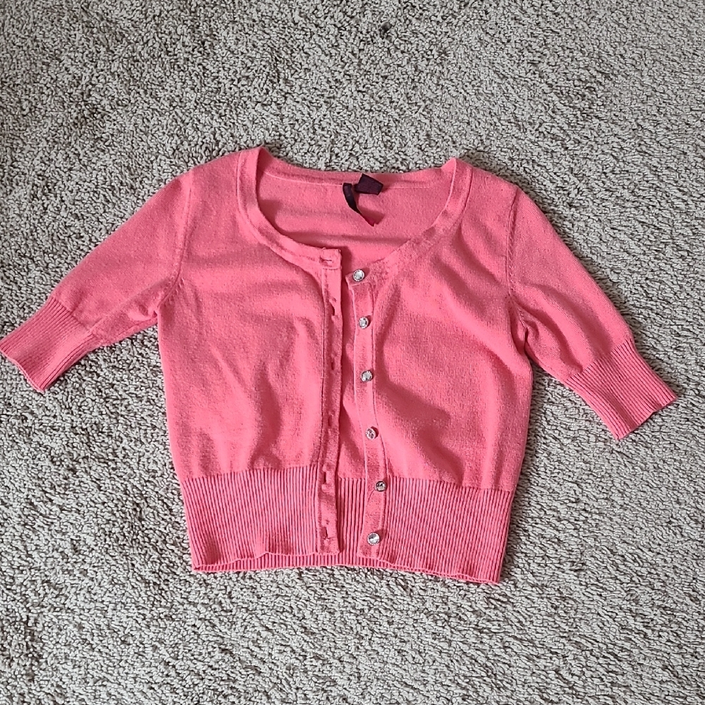 Cropped Pink Knit Short Sleeve Cardigan with Jewel Buttons